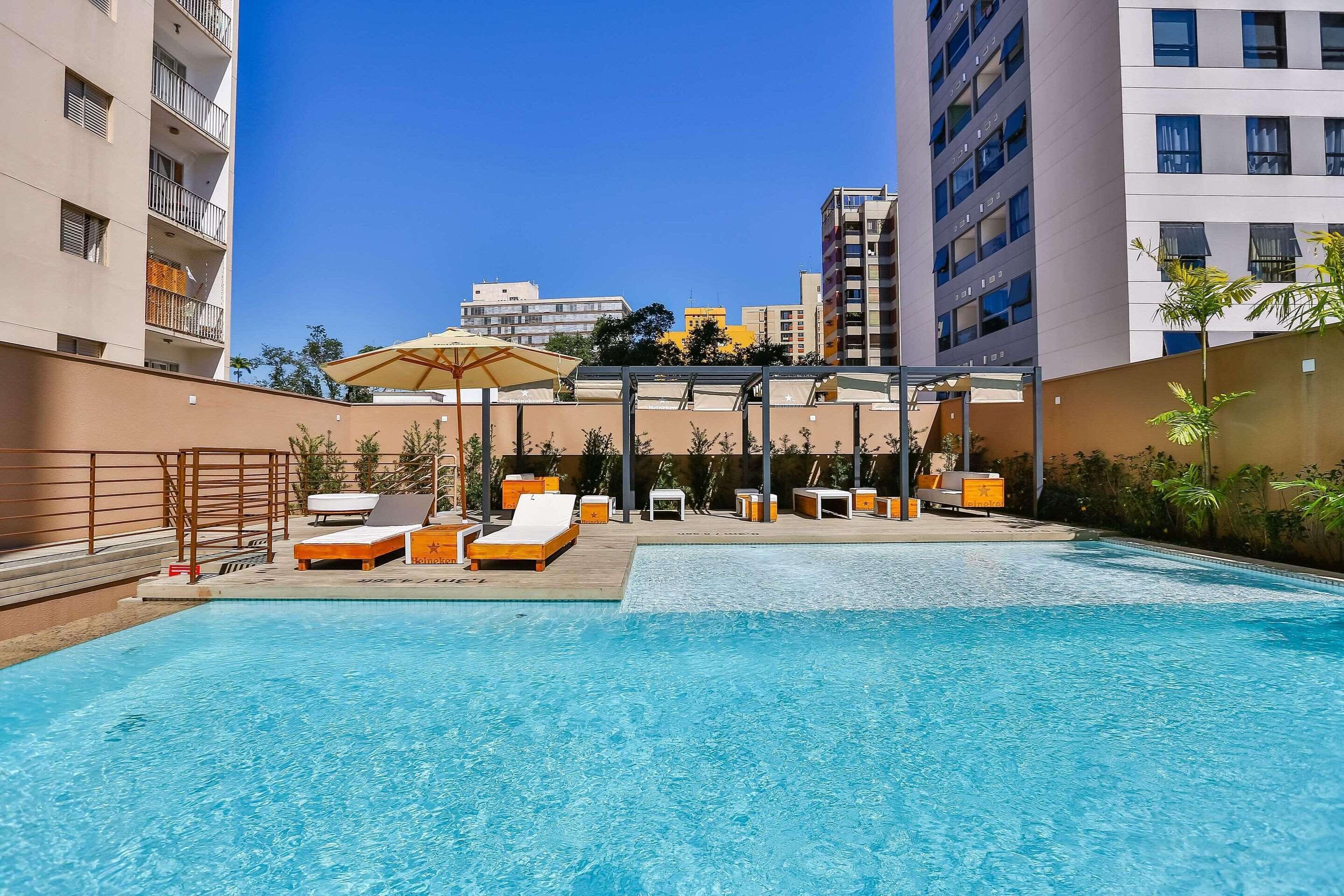 outdoor pool, pool loungers