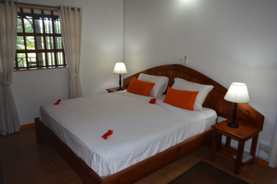 Habitación individual con una cama y cabecera de madera, dos lámparas de noche y un ventanal con cortinas.