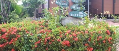 A garden area with a signpost indicating directions to 'Log Cabin,' 'Tortoise,' and 'Car Park.'