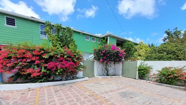A green house with a paved driveway and flowering plants. - La Casa de Joy Airport Apartments (St. John's)