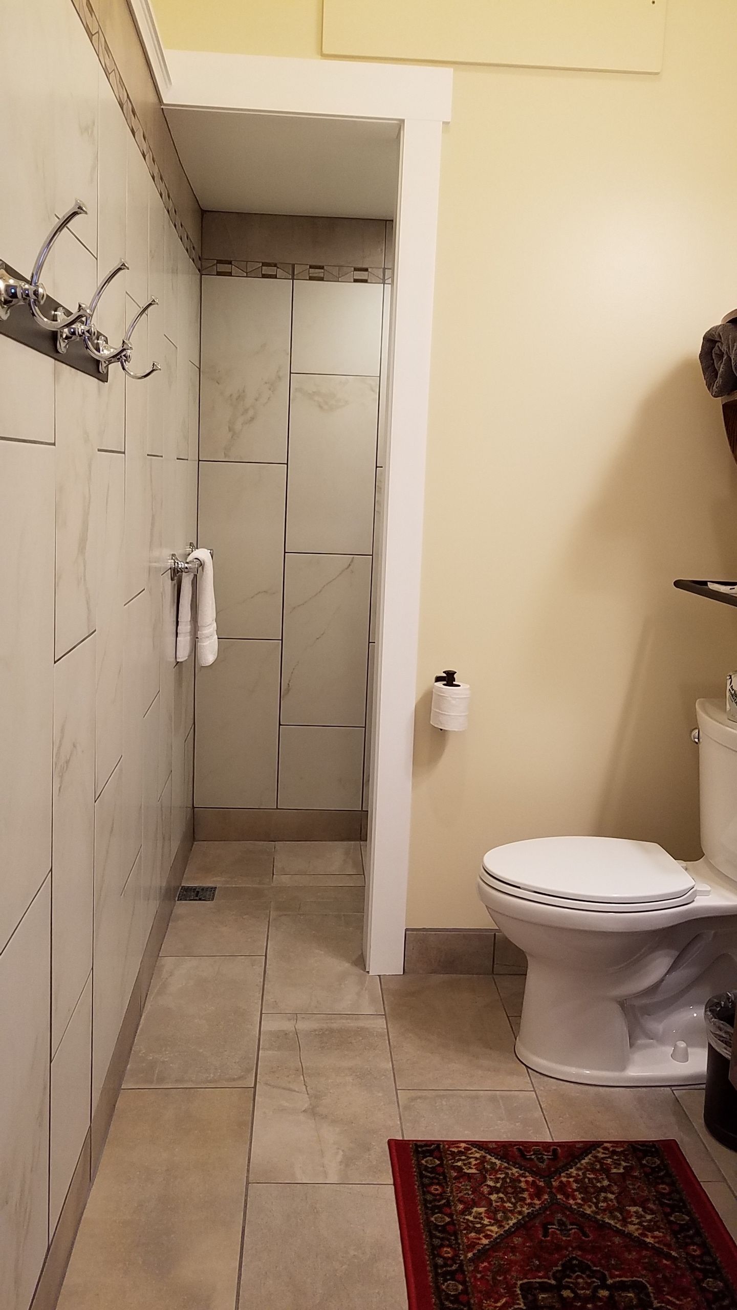 Un baño con inodoro, ducha y perchero para toallas.
