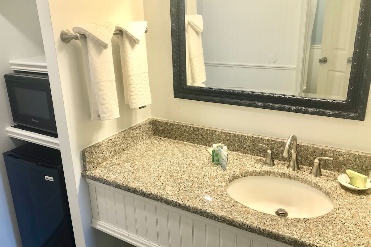 combined shower/bathtub, free toiletries, hair dryer, towels