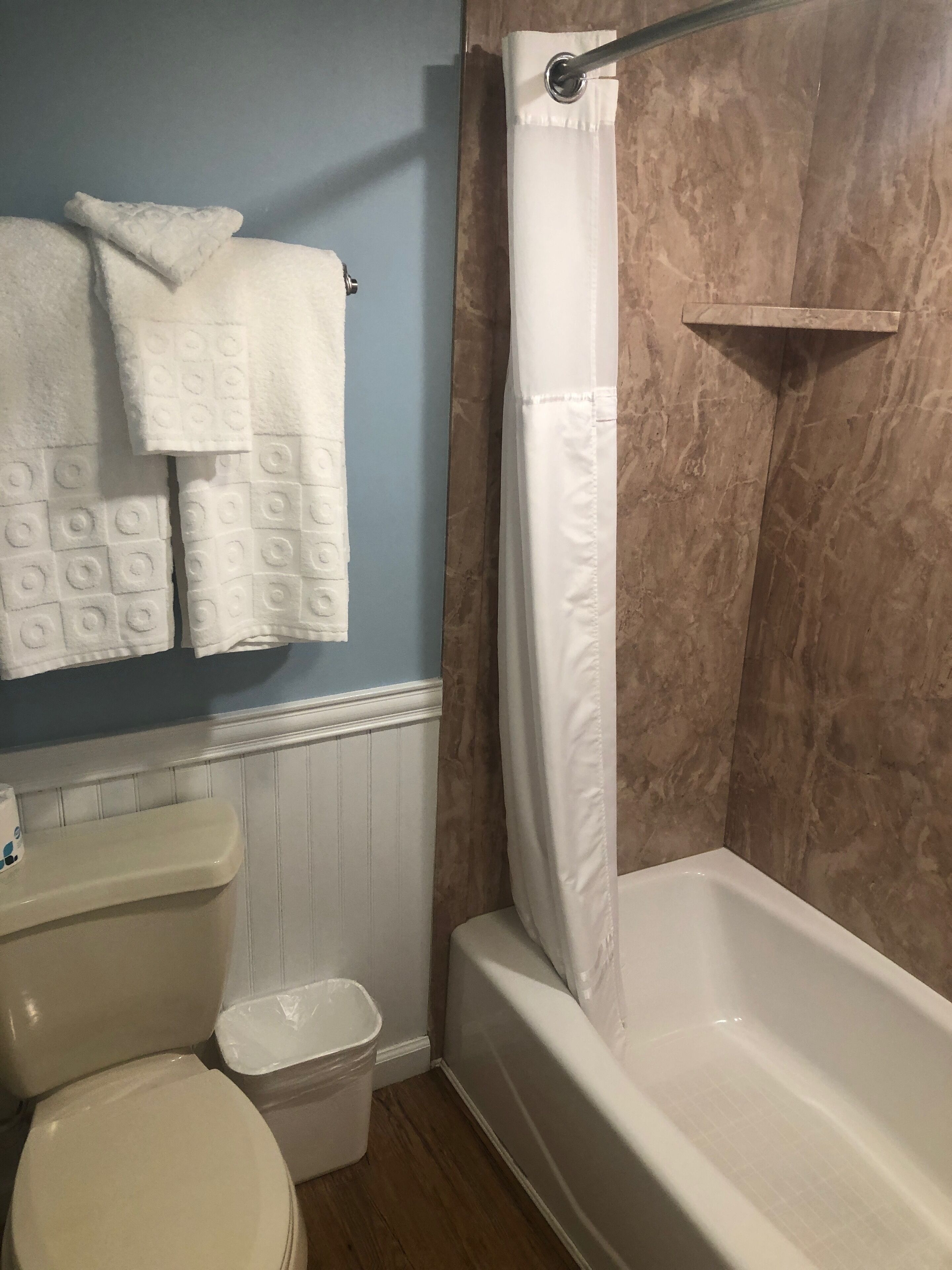 combined shower/bathtub, free toiletries, hair dryer, towels