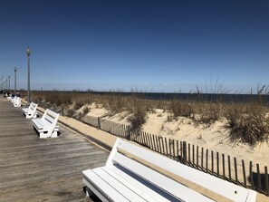 Un paseo marítimo de madera con bancos blancos y una playa arenosa con dunas.
