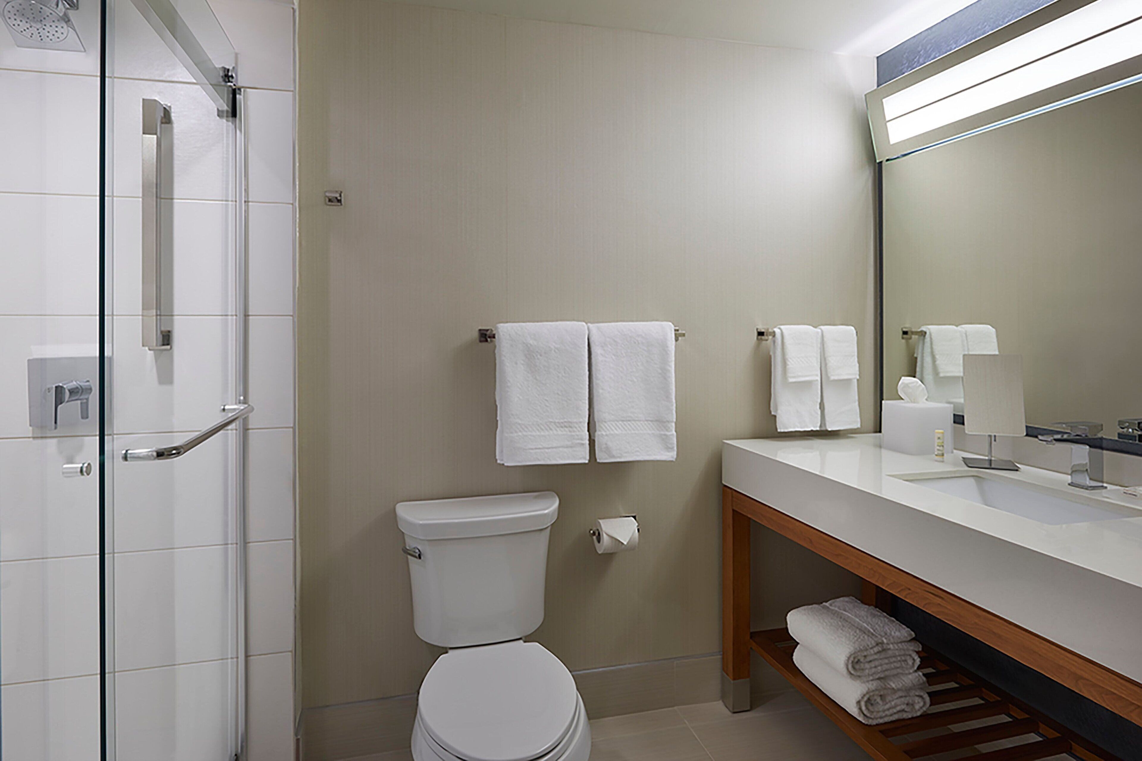 shower, free toiletries, hair dryer, towels