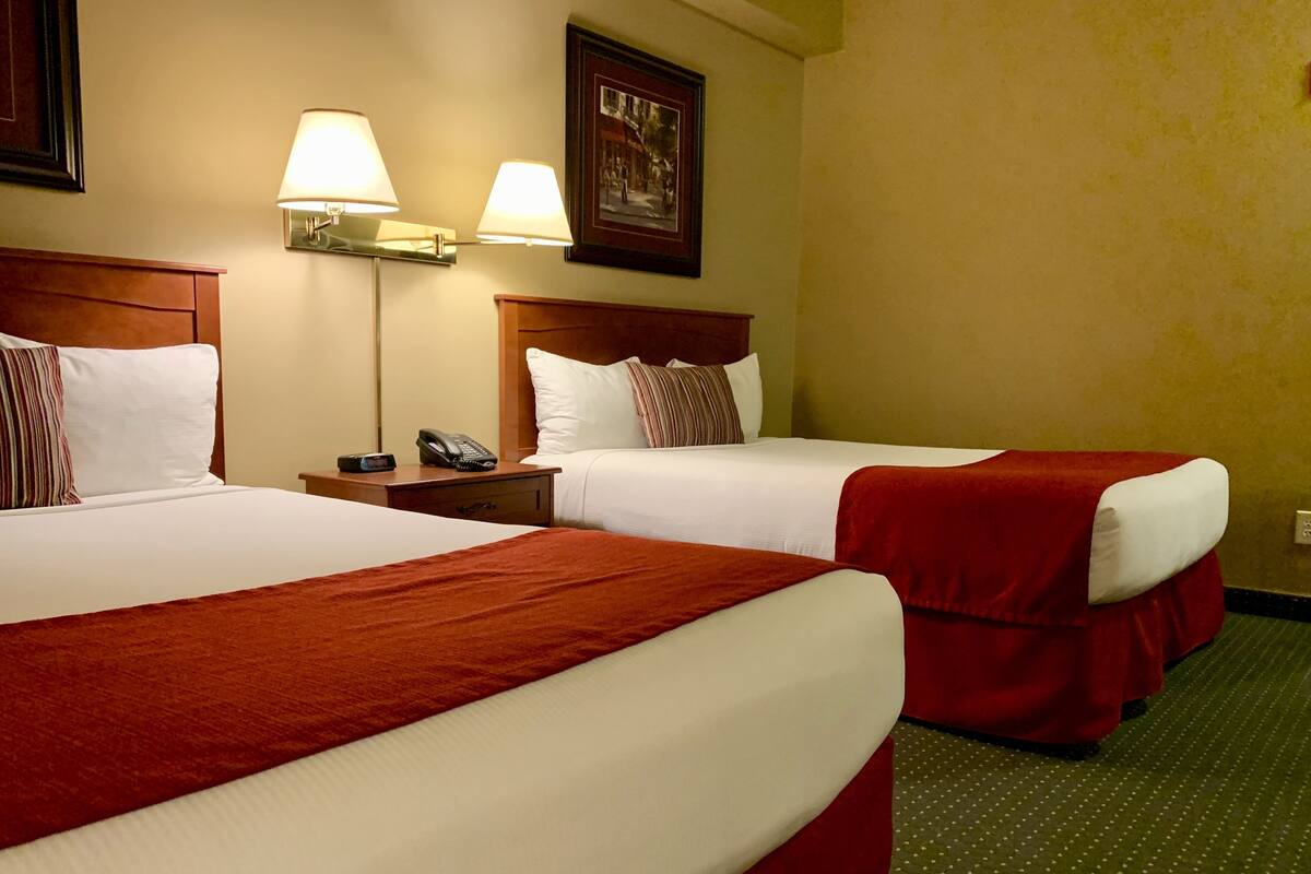 Une chambre d’hôtel avec deux lits, chacun recouvert d’une couverture rouge, une table de chevet avec une lampe et un tableau encadré accroché au mur.