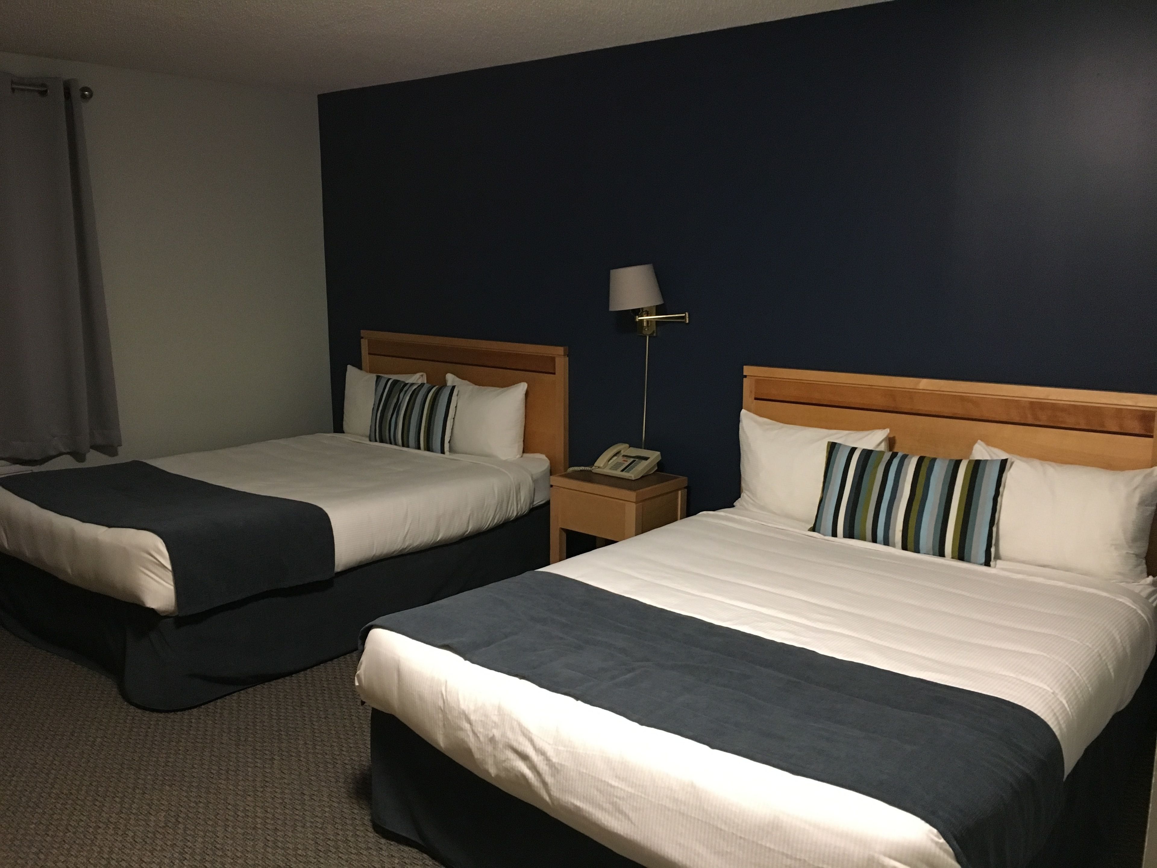 Two single beds with wooden headboards, a bedside table with a lamp, and a telephone.