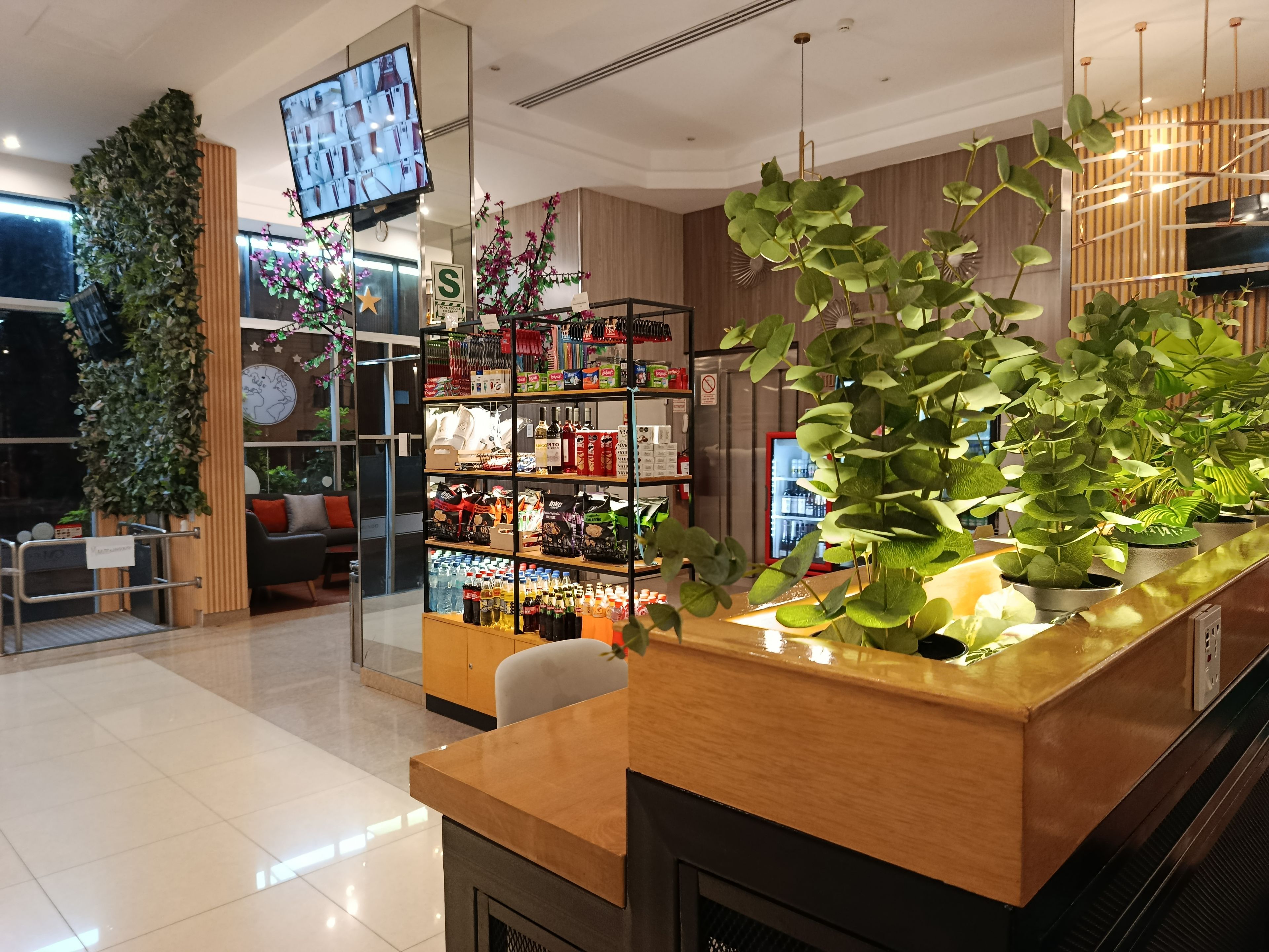 Un moderno vestíbulo de hotel con un mostrador de recepción, una planta grande, un televisor montado en la pared y una estantería con varios objetos.