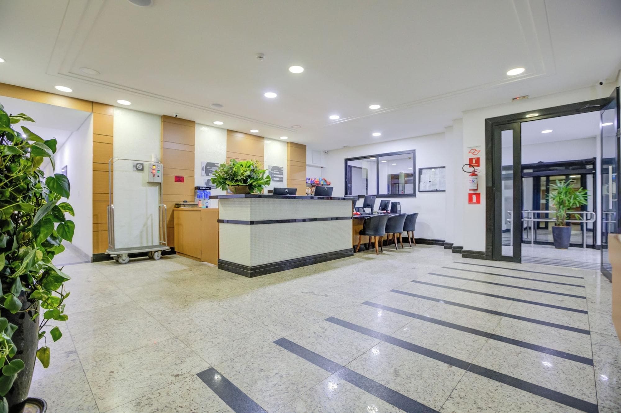 Zona de recepción con mostrador, asientos y una planta.