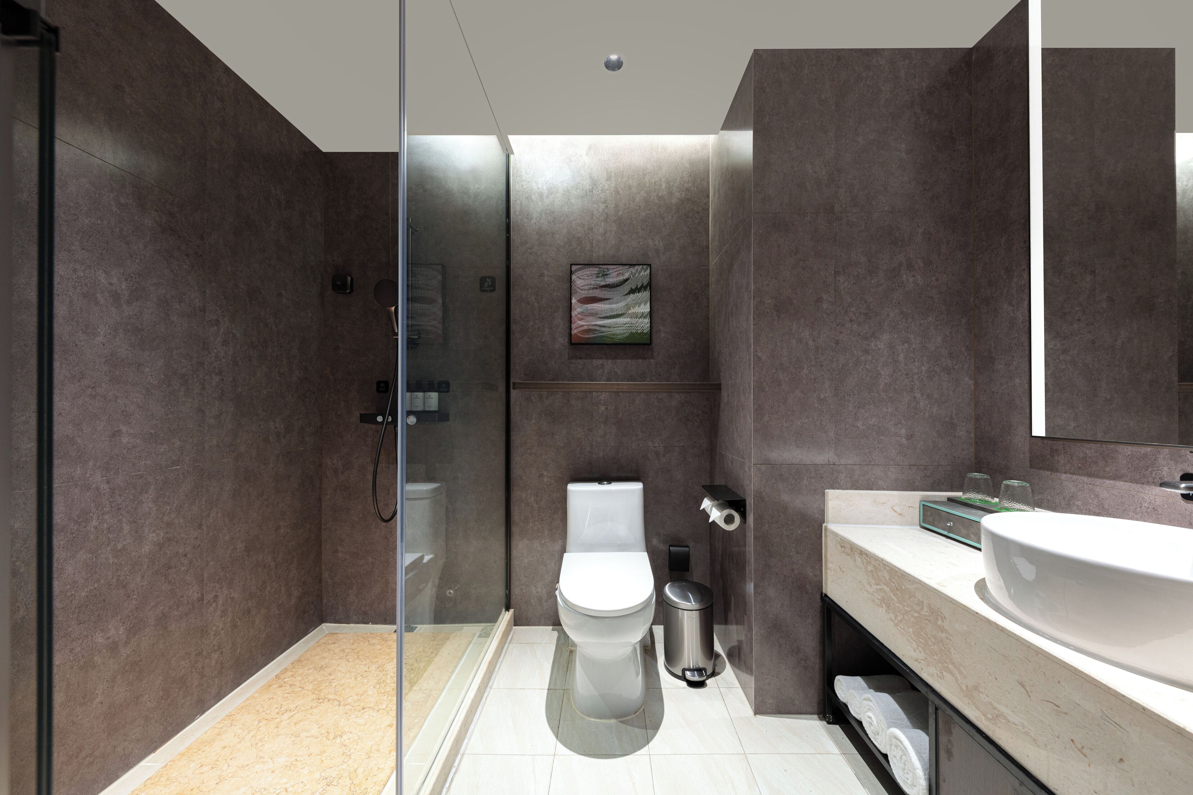 A modern bathroom with a glass shower enclosure, a white toilet, and a large sink.