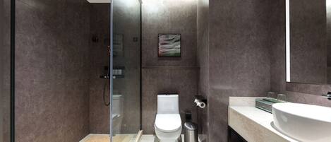 A modern bathroom with a glass shower enclosure, a white toilet, and a large sink.