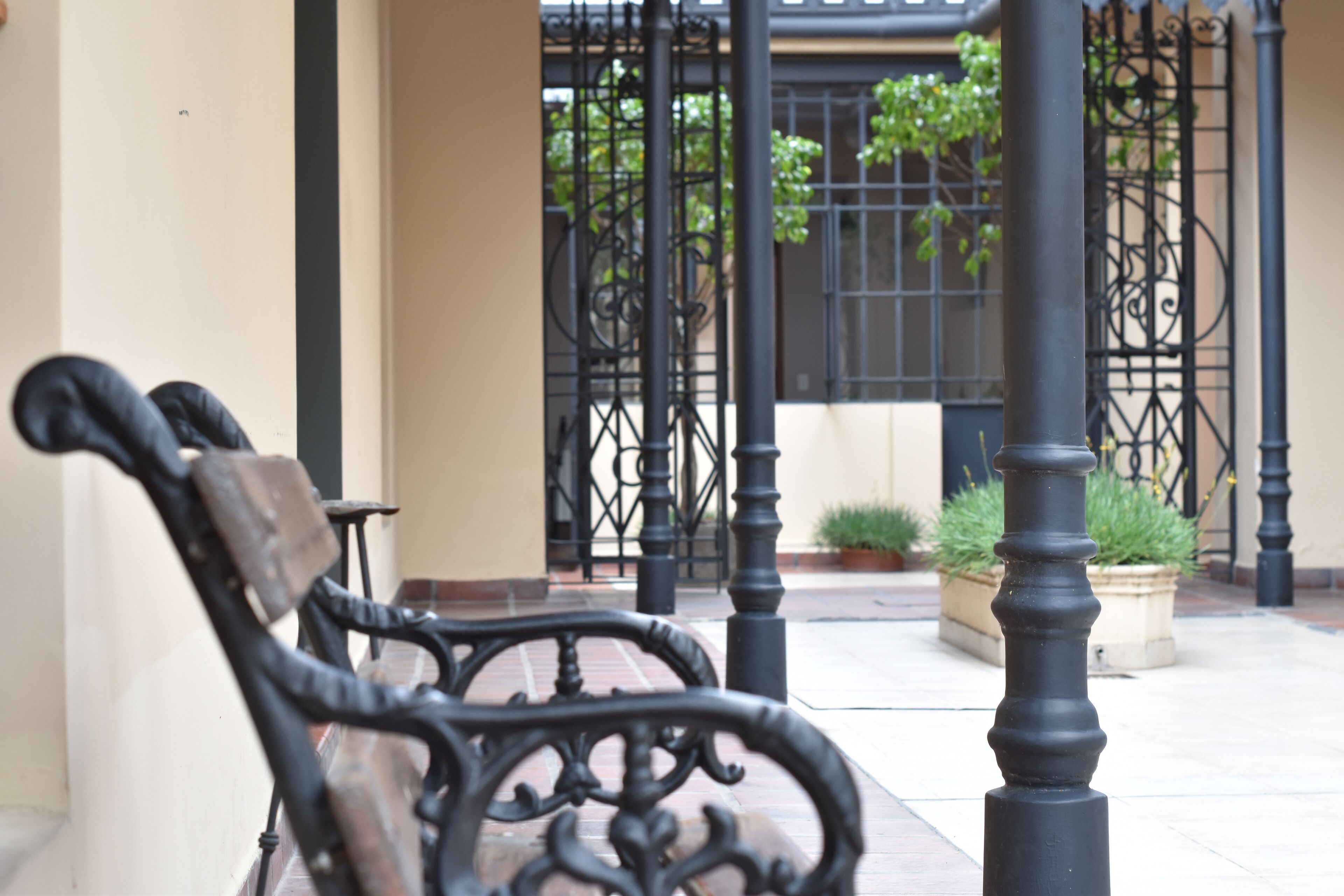 A bench in a courtyard with a wrought iron fence and potted plants.