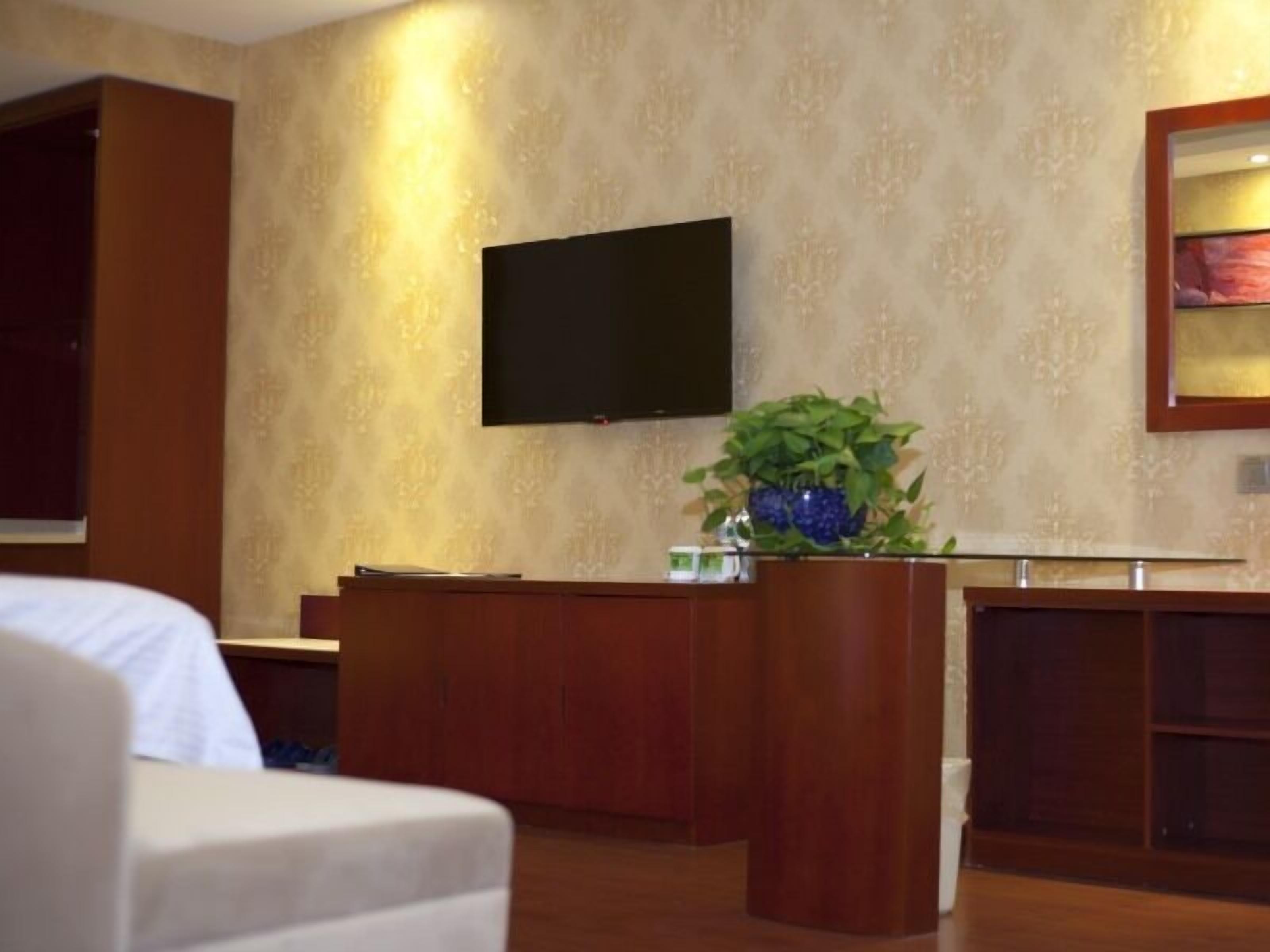 Habitación de hotel con un escritorio de madera, un televisor de pantalla plana montado en la pared y una planta en maceta sobre el escritorio.
