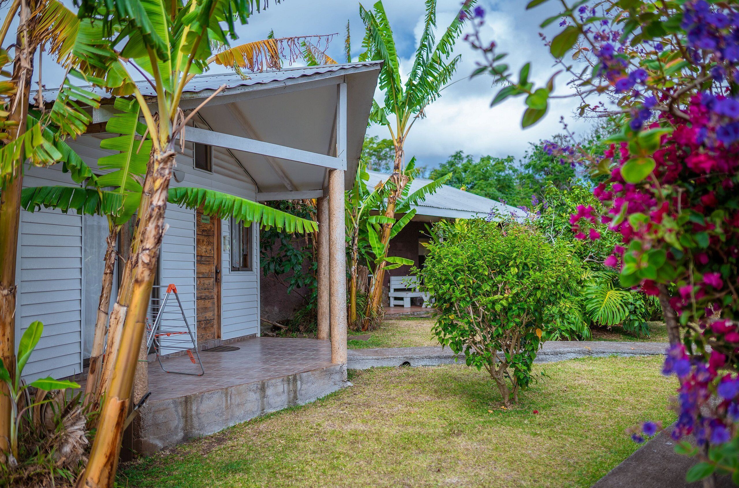 A house with a covered porch, surrounded by lush greenery and banana trees.