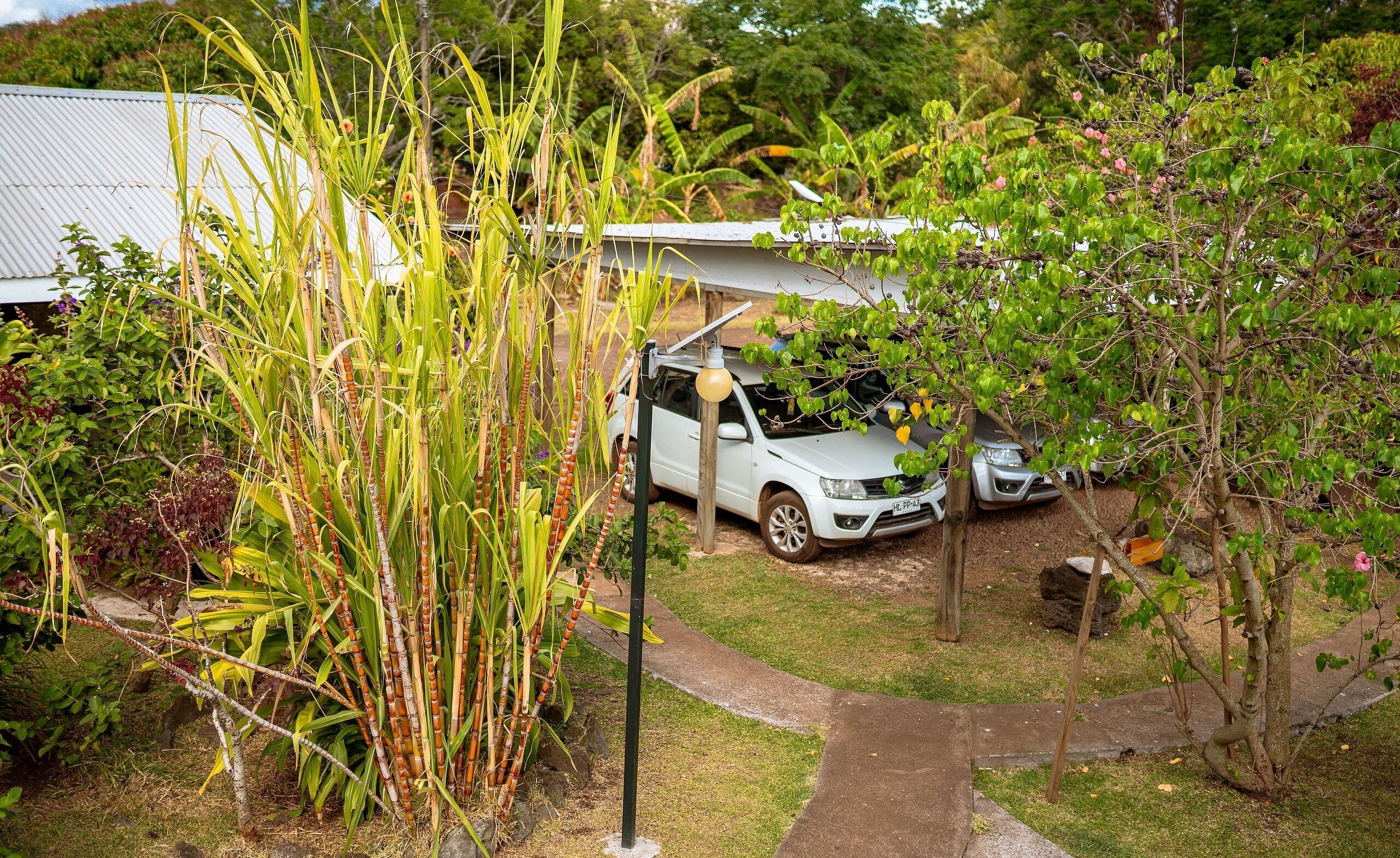 Zona residencial con un coche blanco estacionado frente a una casa con panel solar en el techo.