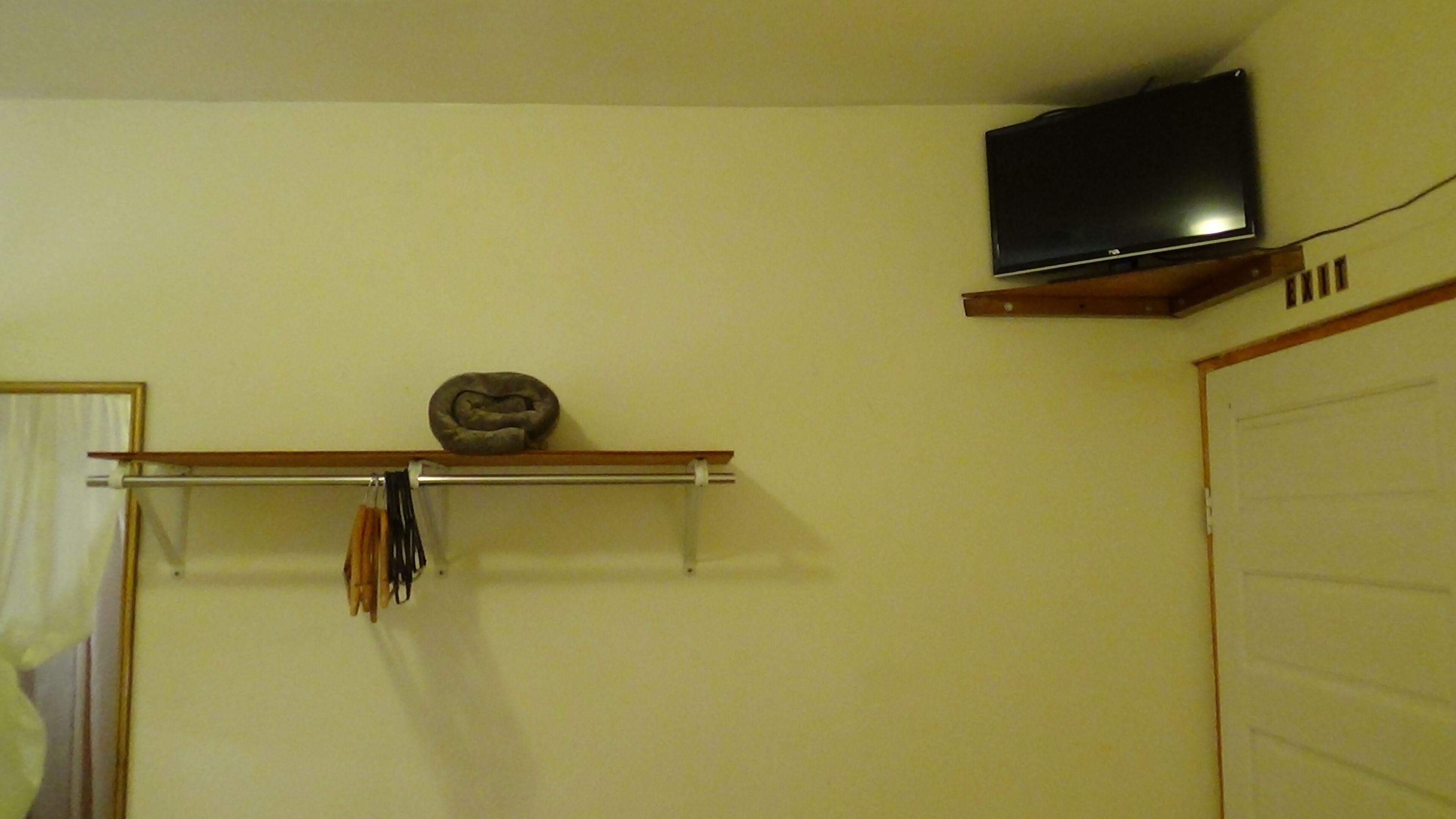 A room with a mounted television on the wall, a shelf with a decorative item, and a door with a garage door.