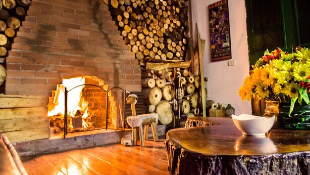 Um quarto aconchegante com lareira de tijolos, uma mesa de madeira e um vaso de flores.