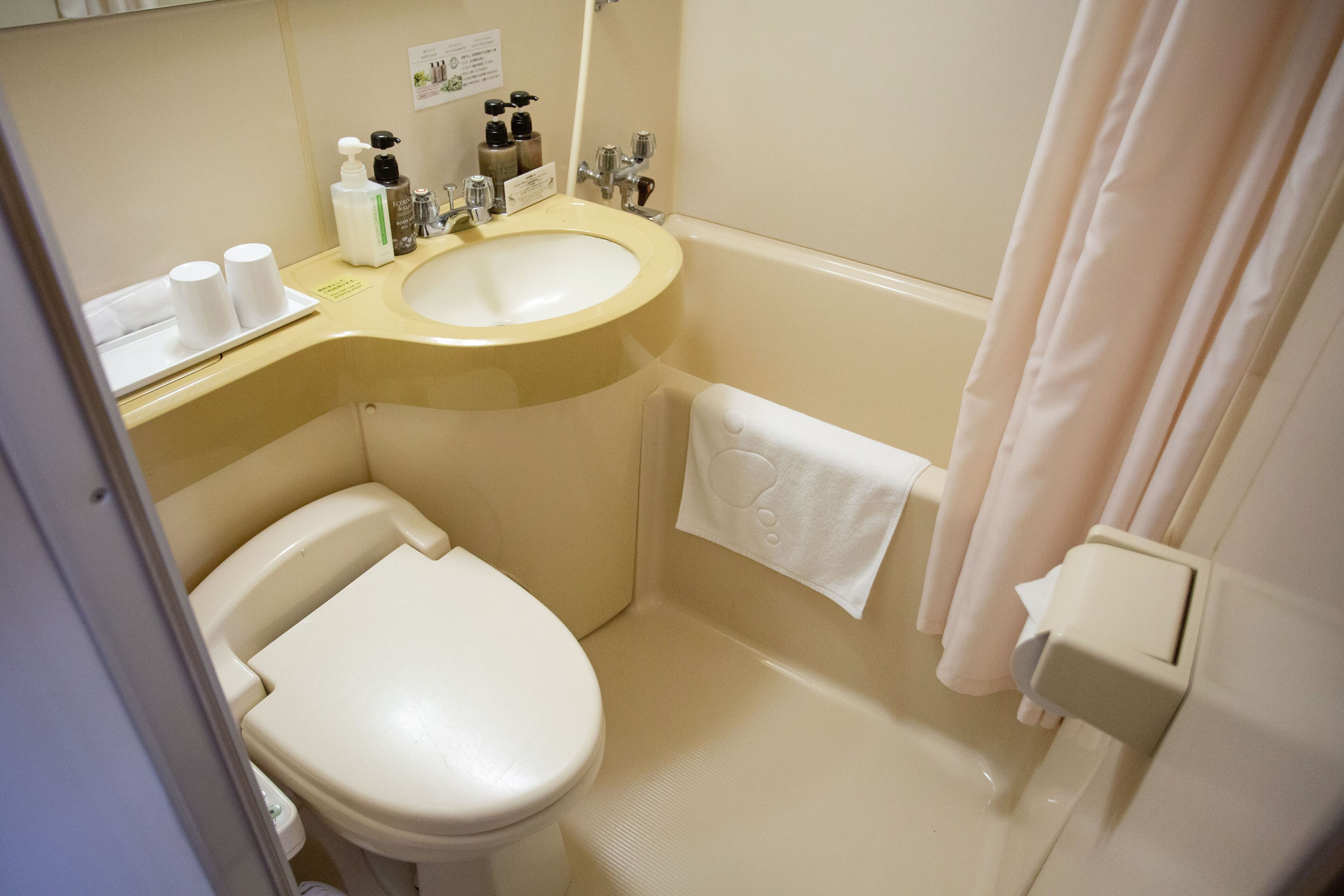 combined shower/bathtub, free toiletries, hair dryer, slippers