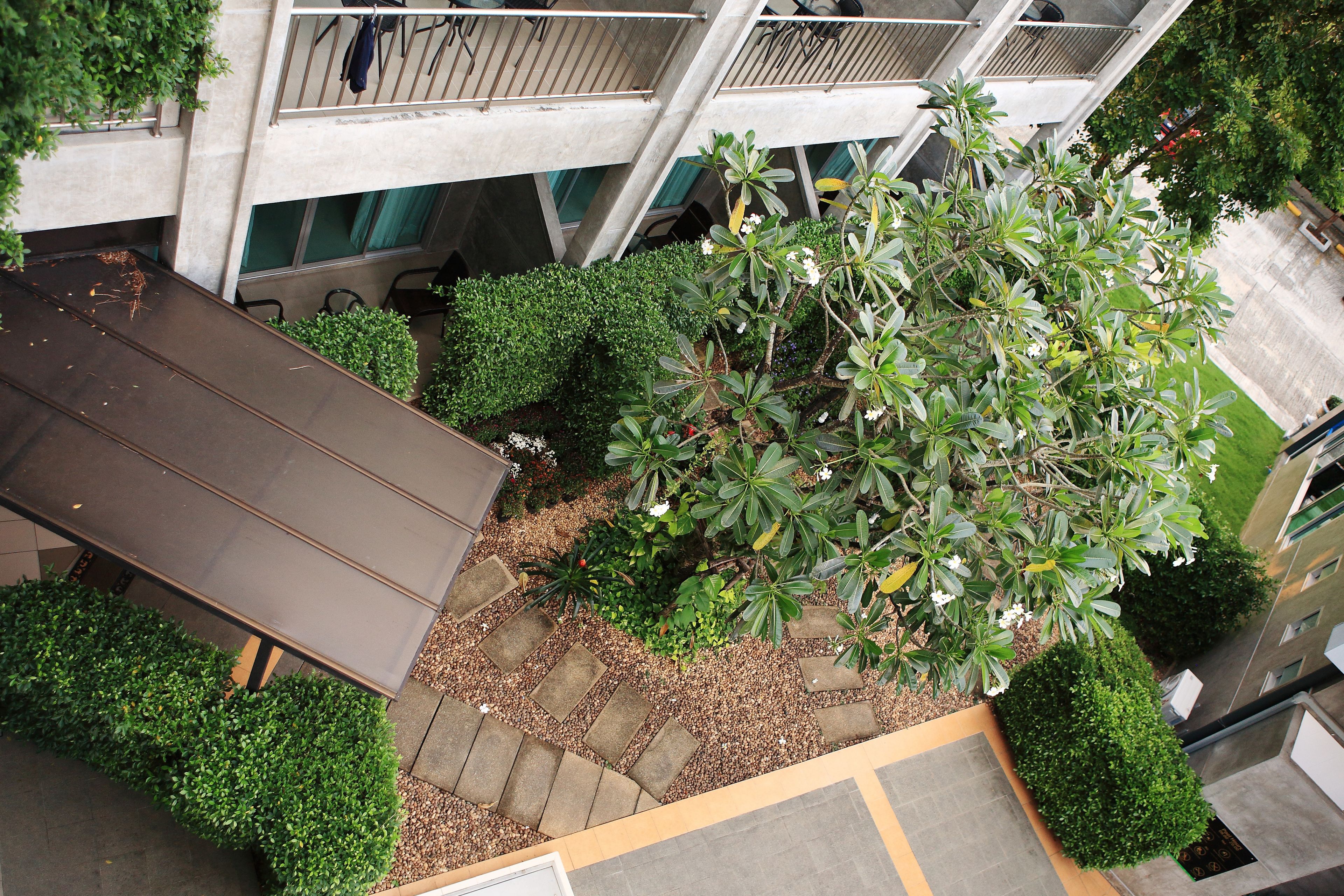 An aerial view of a courtyard with a seating area, a tree, and a building facade.