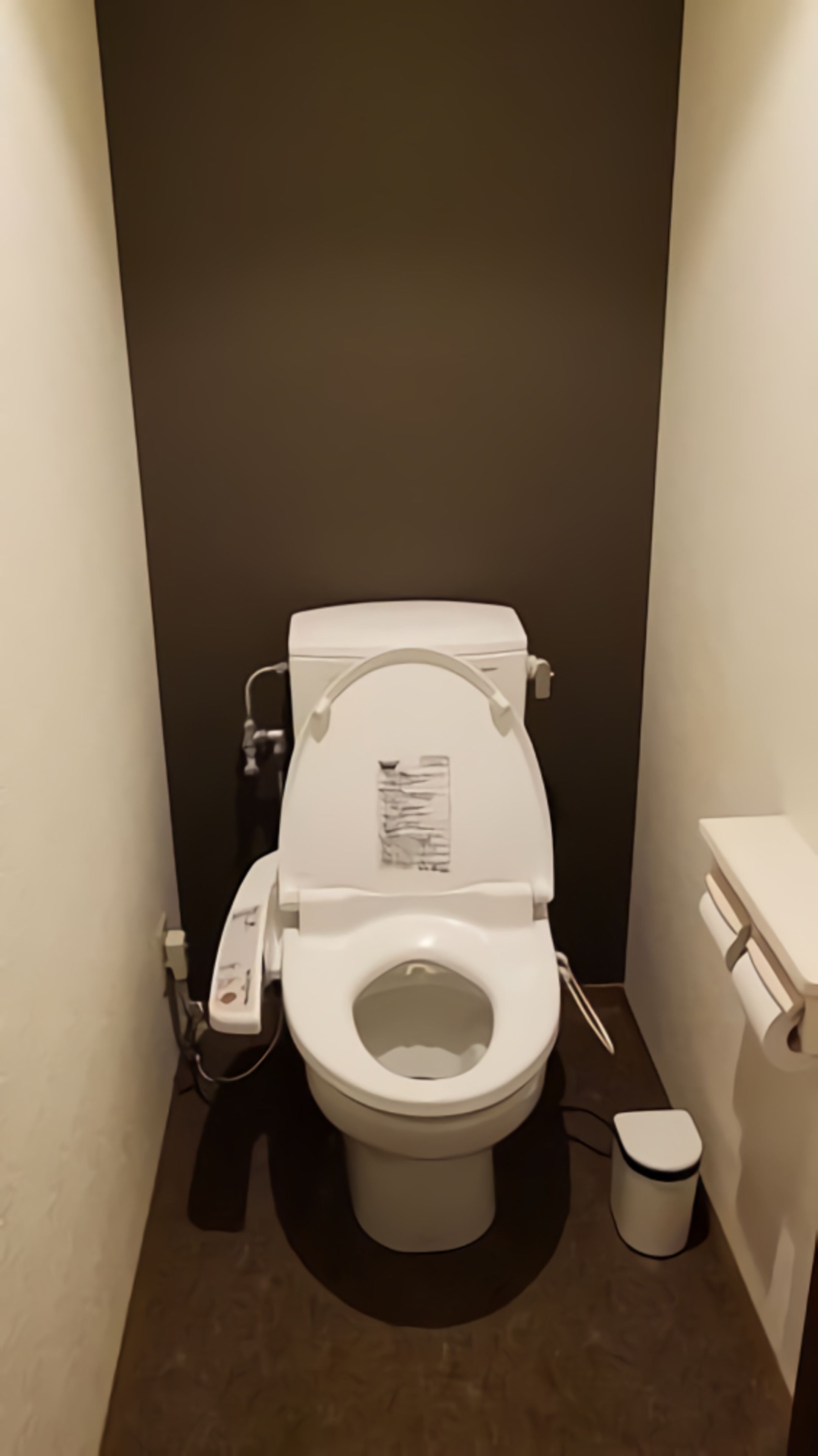 A compact, modern bathroom with a white toilet, a small trash bin, and a wall-mounted toilet paper holder.