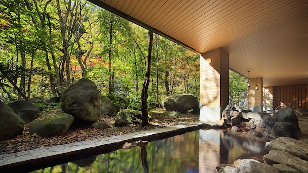 A serene indoor garden with a reflective water feature, large rocks, and a wooden ceiling.