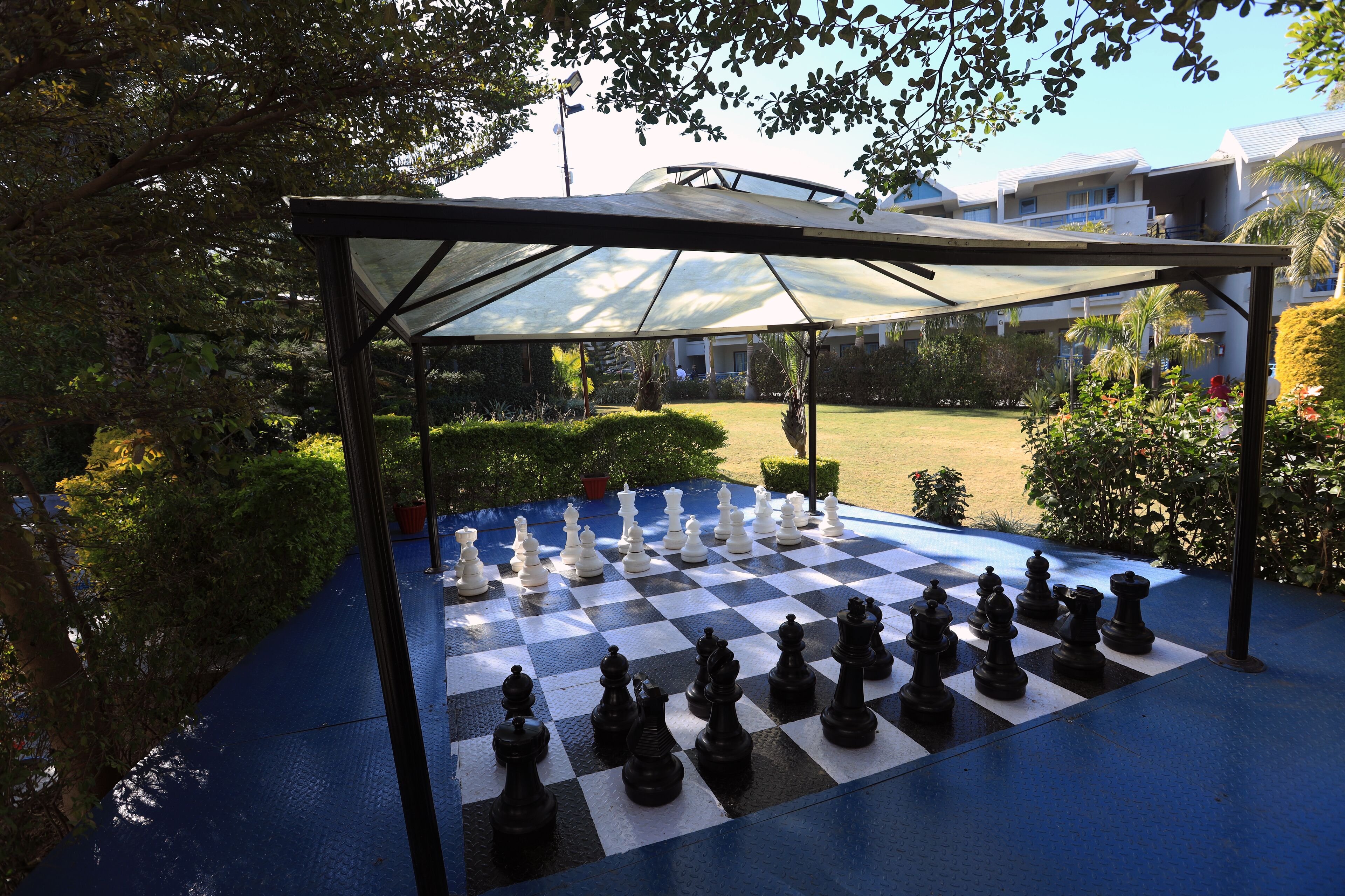 A chessboard set up outdoors under a canopy, surrounded by greenery and buildings in the background.