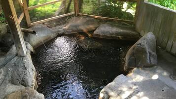 Ein kleiner, umzäunter Teich mit einer Holzkonstruktion und Steinen darum.