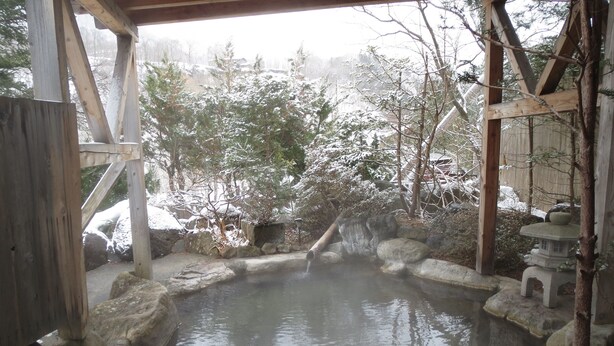 A traditional Japanese onsen with a wooden structure, a hot spring surrounded by rocks, and a view of snow-covered trees and buildings in the background. - Ryokan Sansui (Takayama)