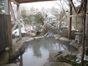 A traditional Japanese onsen with a wooden structure, a hot spring surrounded by rocks, and a view of snow-covered trees and buildings in the background. - Ryokan Sansui (Takayama)