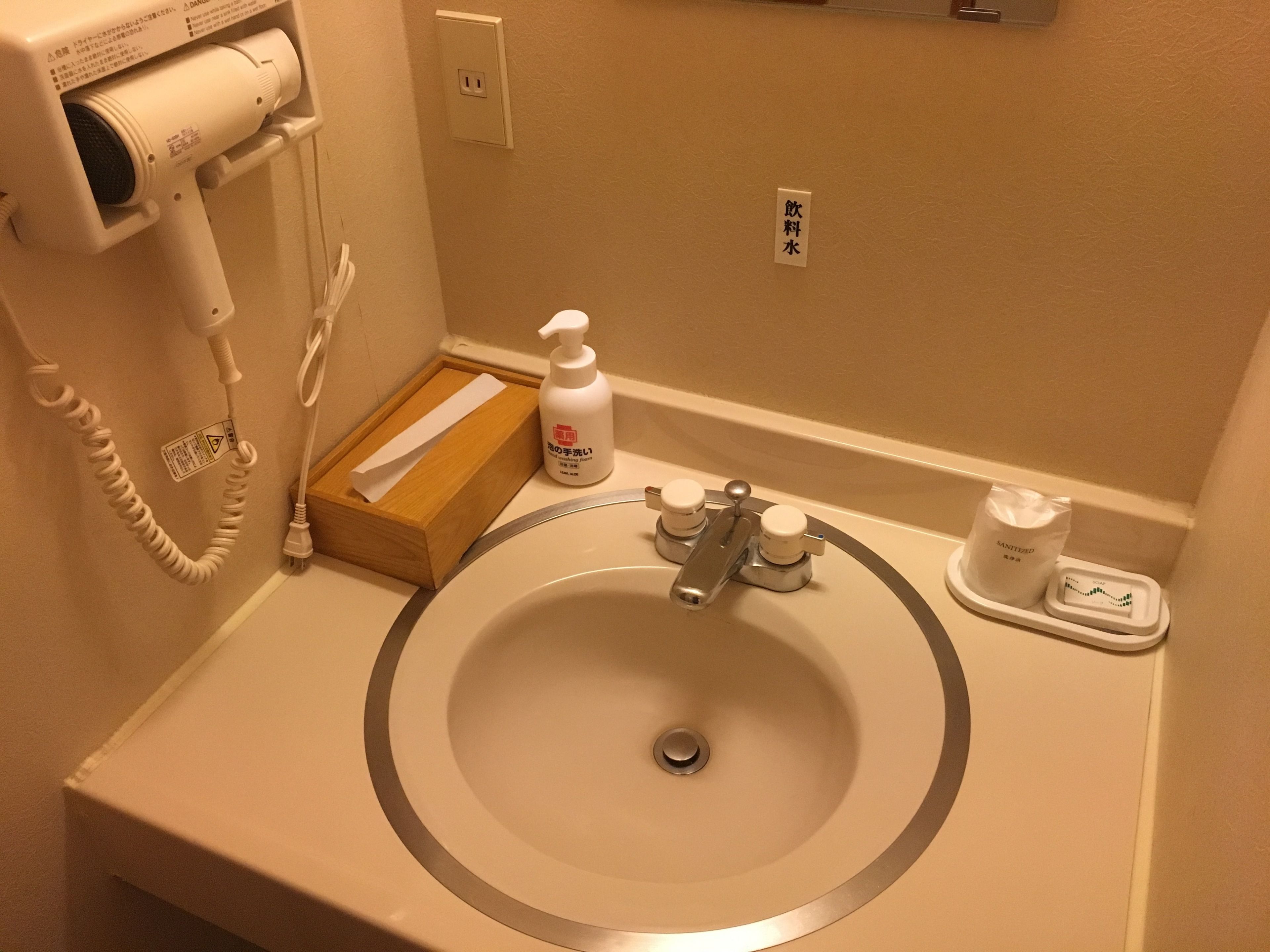 A bathroom with a sink, a hairdryer, a bottle of hand soap, and a tissue box.