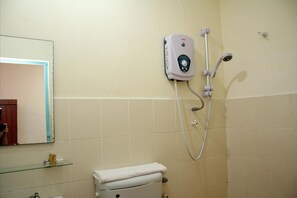Shower, free toiletries, hair dryer, towels