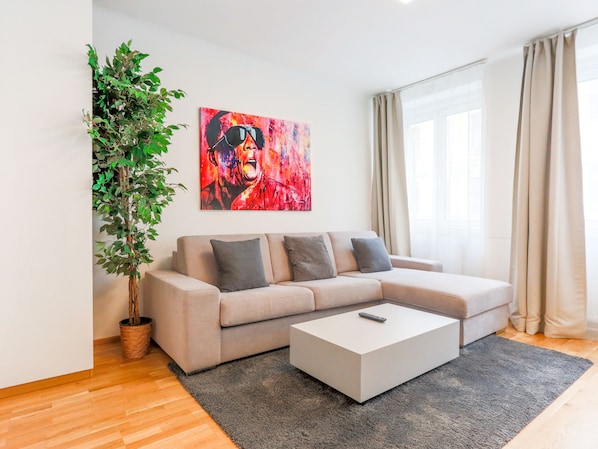 Premium Apartment, 1 Bedroom, Kitchen | Living area | Flat-screen TV