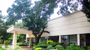 Un edificio con un porche cubierto, rodeado de exuberante vegetación y diversas plantas.