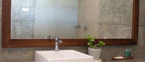 A bathroom with a white sink, a large mirror, and a potted plant on the counter.