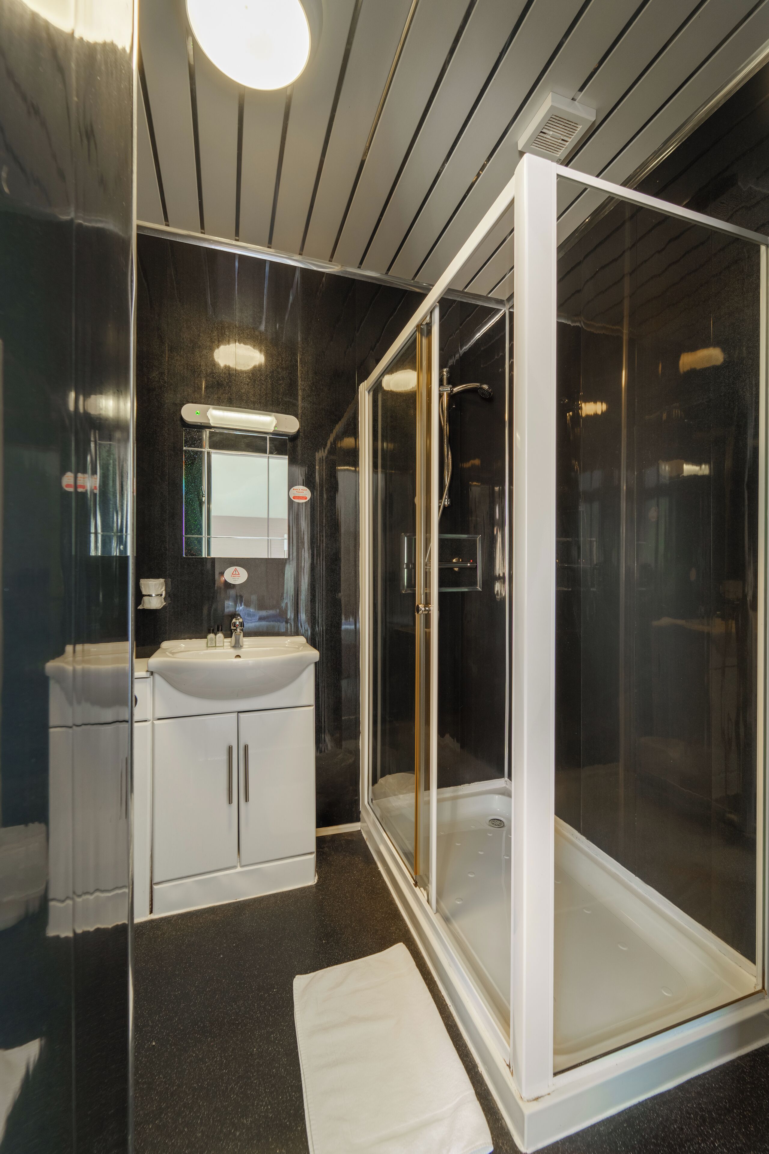 A modern bathroom with a glass-enclosed shower, a white sink, and a mirror above the sink.