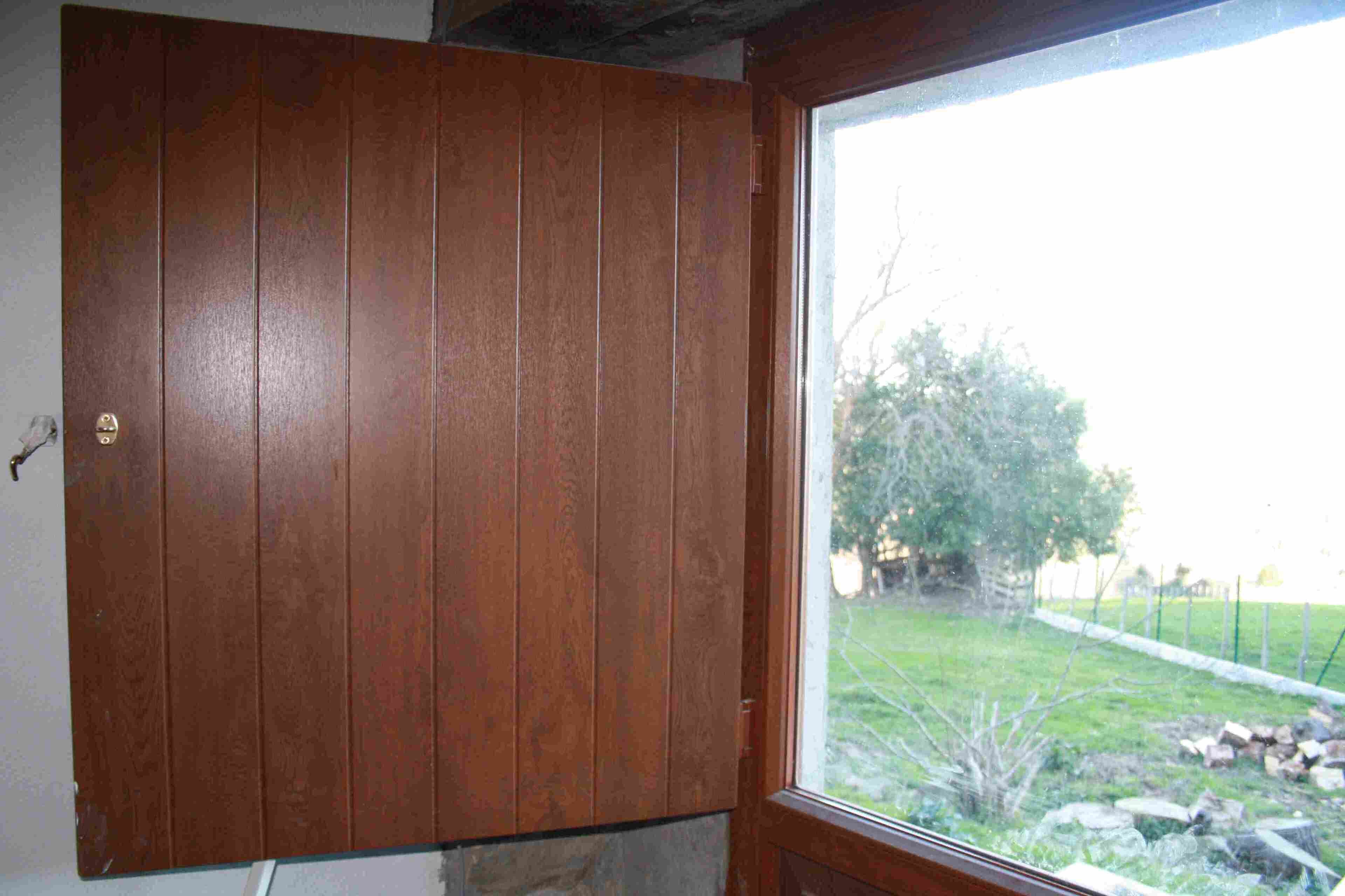 A wooden door with a brass handle, a window with a view of a grassy yard and a tree.
