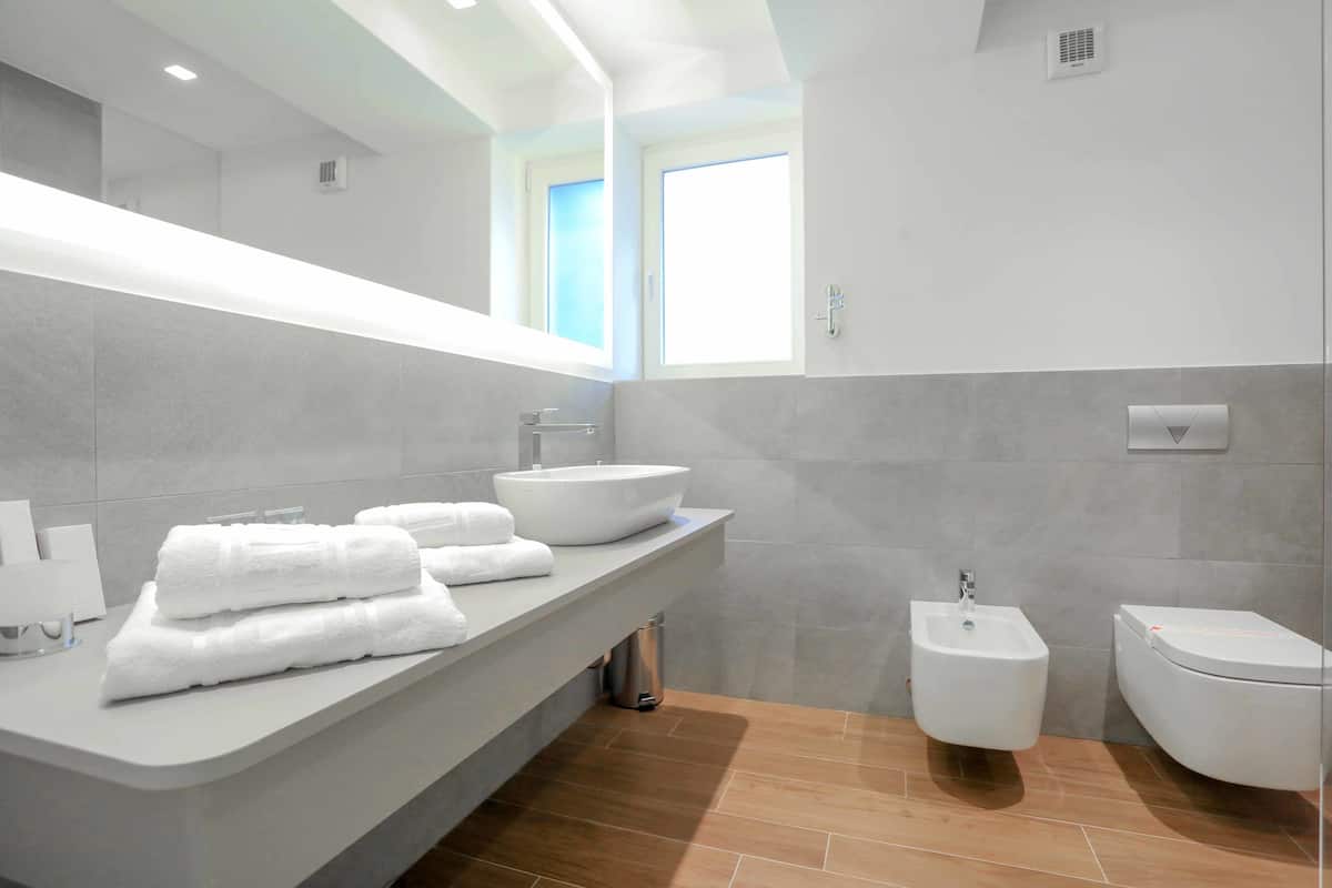 shower, designer toiletries, hair dryer, slippers