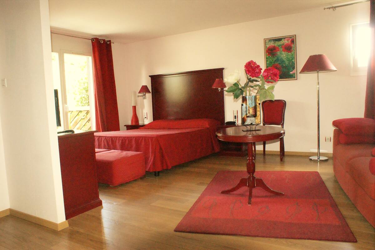A room with a bed, a chair, a table, and a sofa.