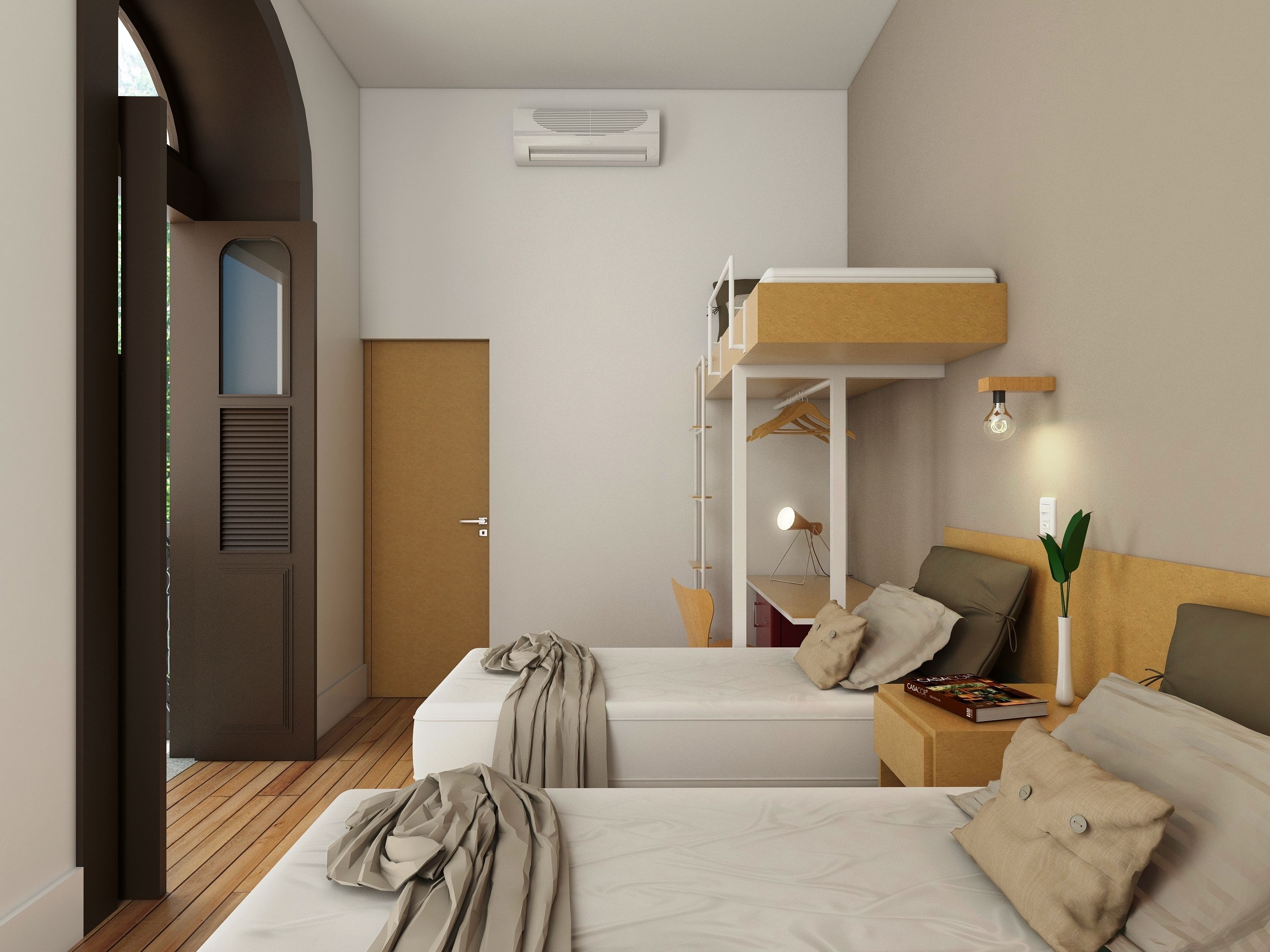 A modern bedroom with a bunk bed, a bedside table with a lamp, and a wardrobe.
