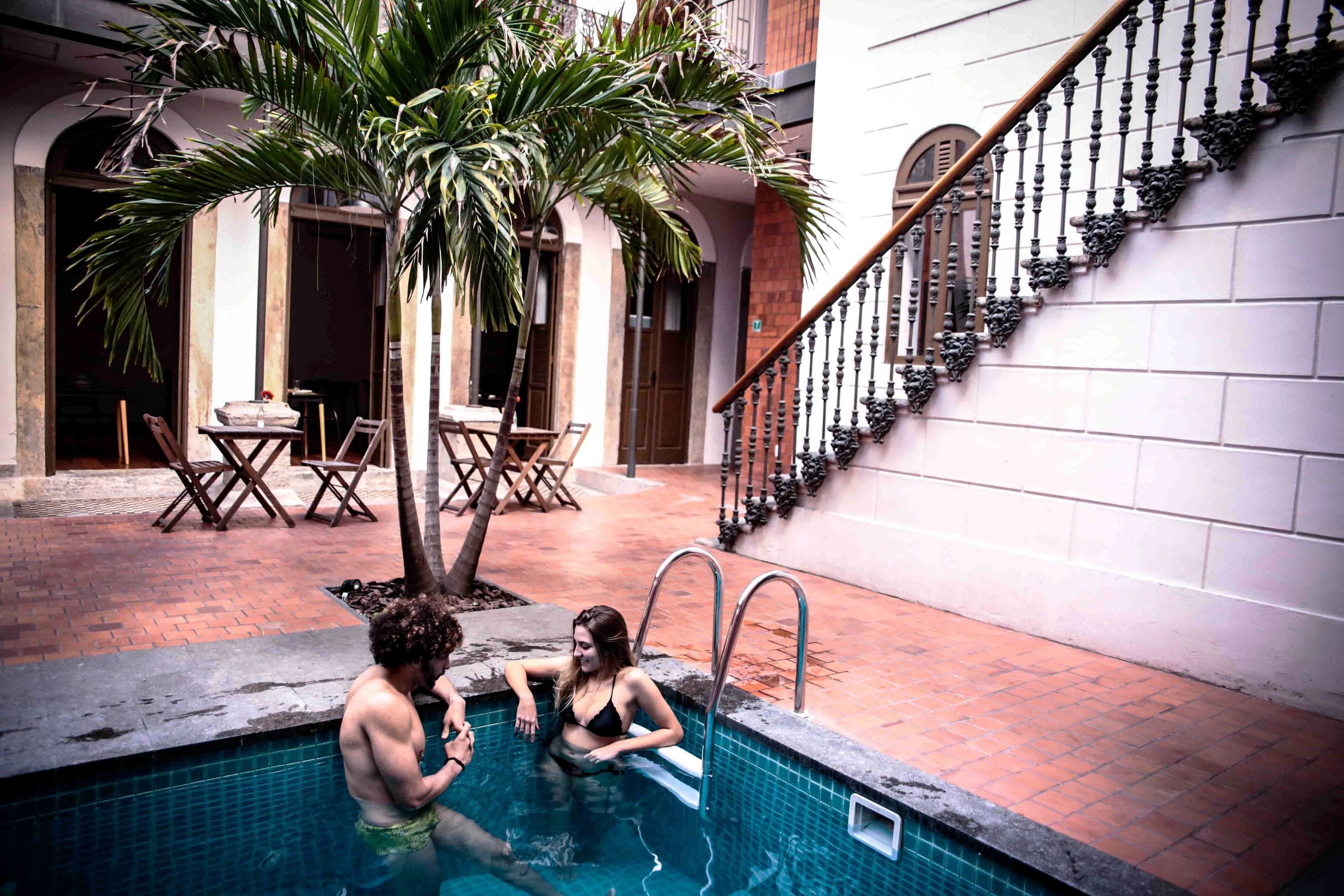 Una piscina con una palmera, una escalera y un muro de ladrillo.