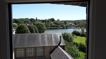 A view of a lake with surrounding greenery and buildings.