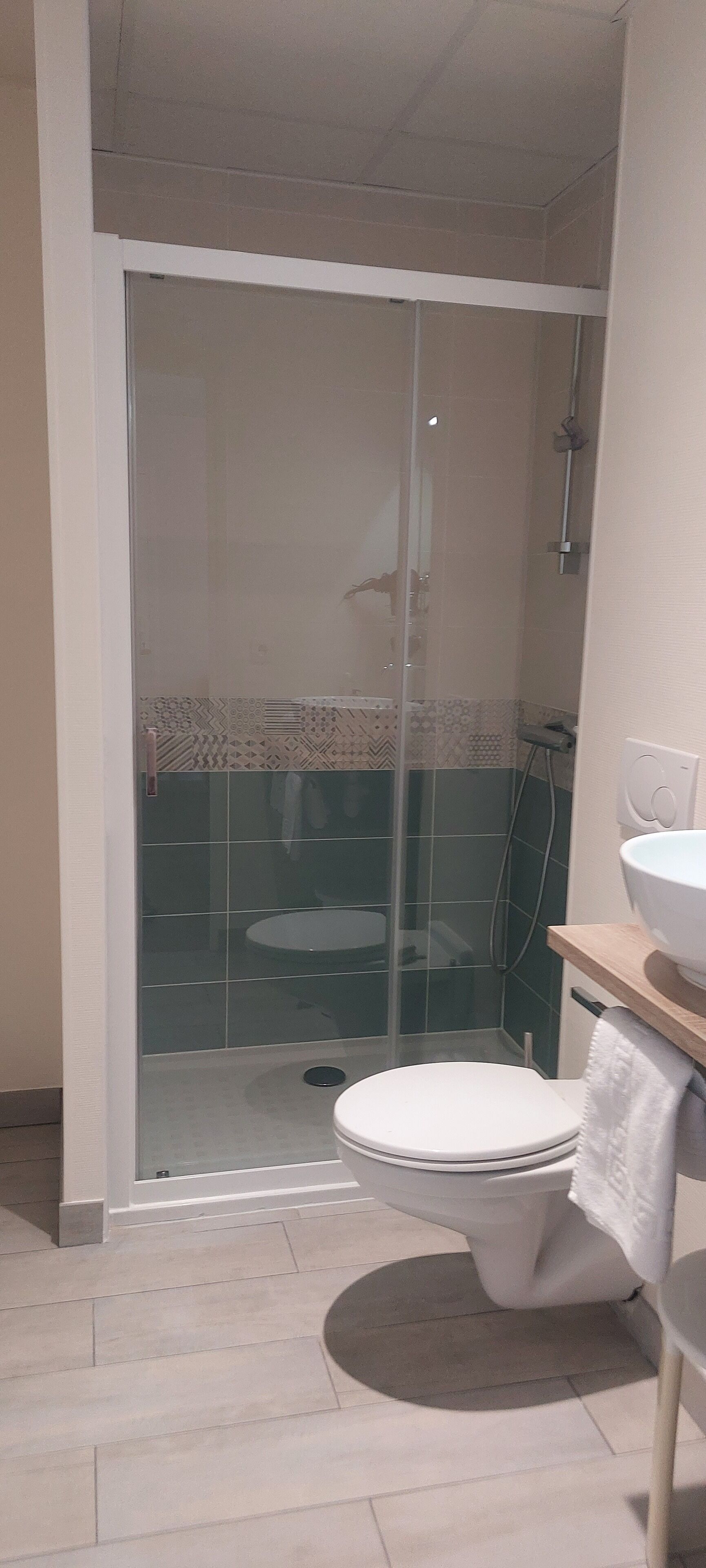 Une salle de bain avec une douche à parois de verre, des toilettes et un lavabo avec un receveur.