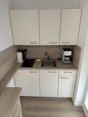 Design Apartment, Private Bathroom, Lake View (Große Maräne) | Private kitchen | Highchair - Restaurant und Pension Zur Wildgans (Arendsee)