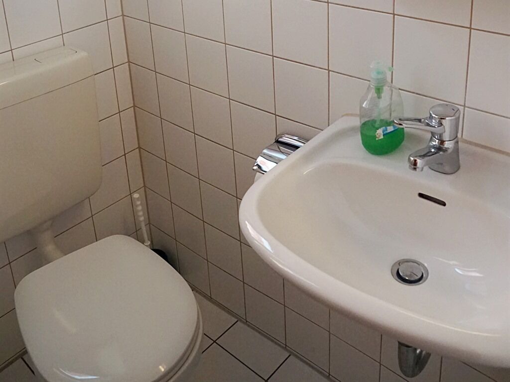 Een badkamer met toilet, wastafel en een zeepdispenser.