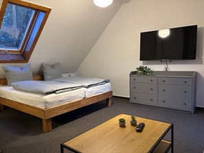 A bedroom with a bed, a dresser, a TV, a small table with plants, and a skylight.