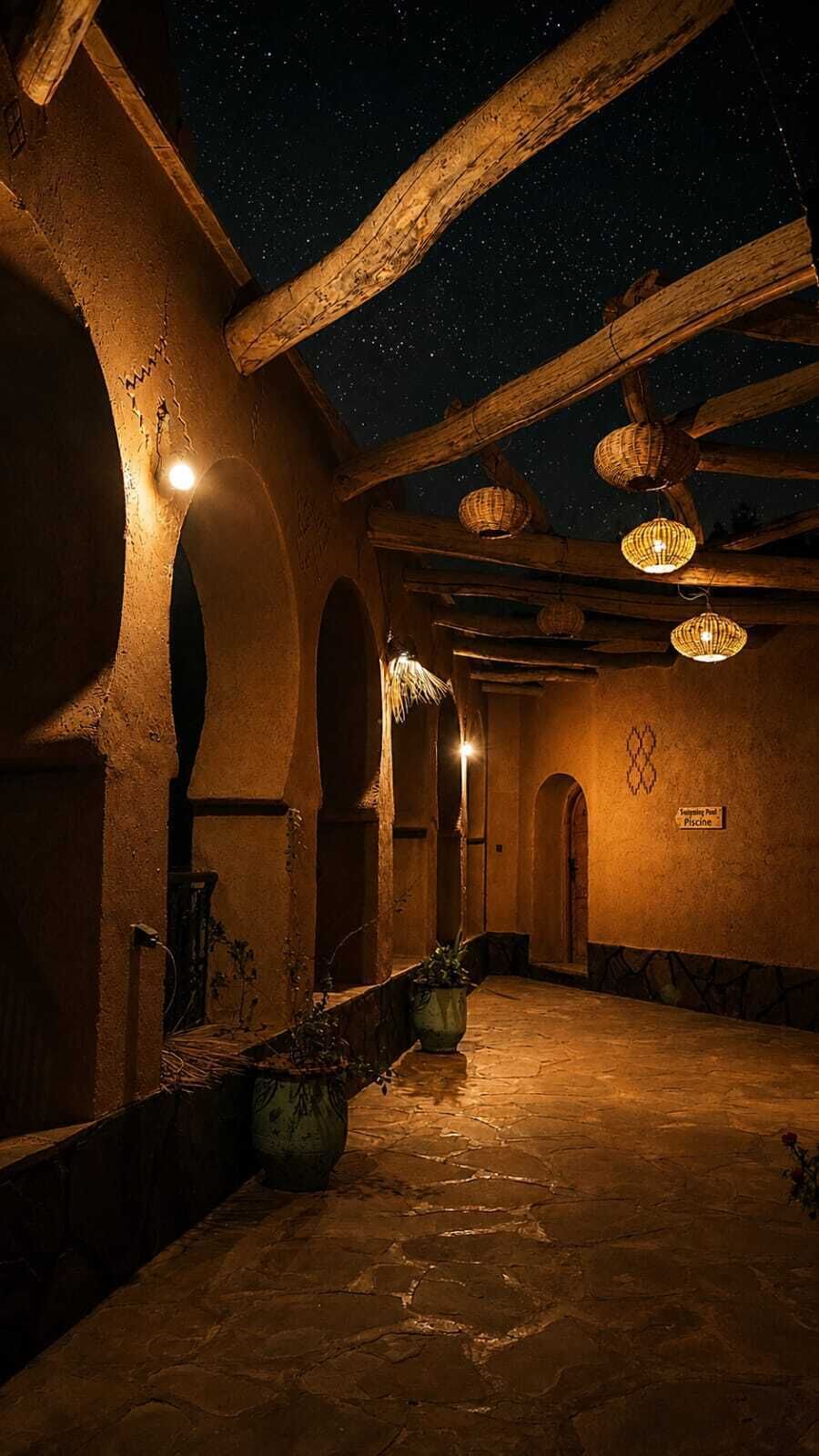 A dimly lit corridor with wooden beams, stone walls, and hanging lanterns.