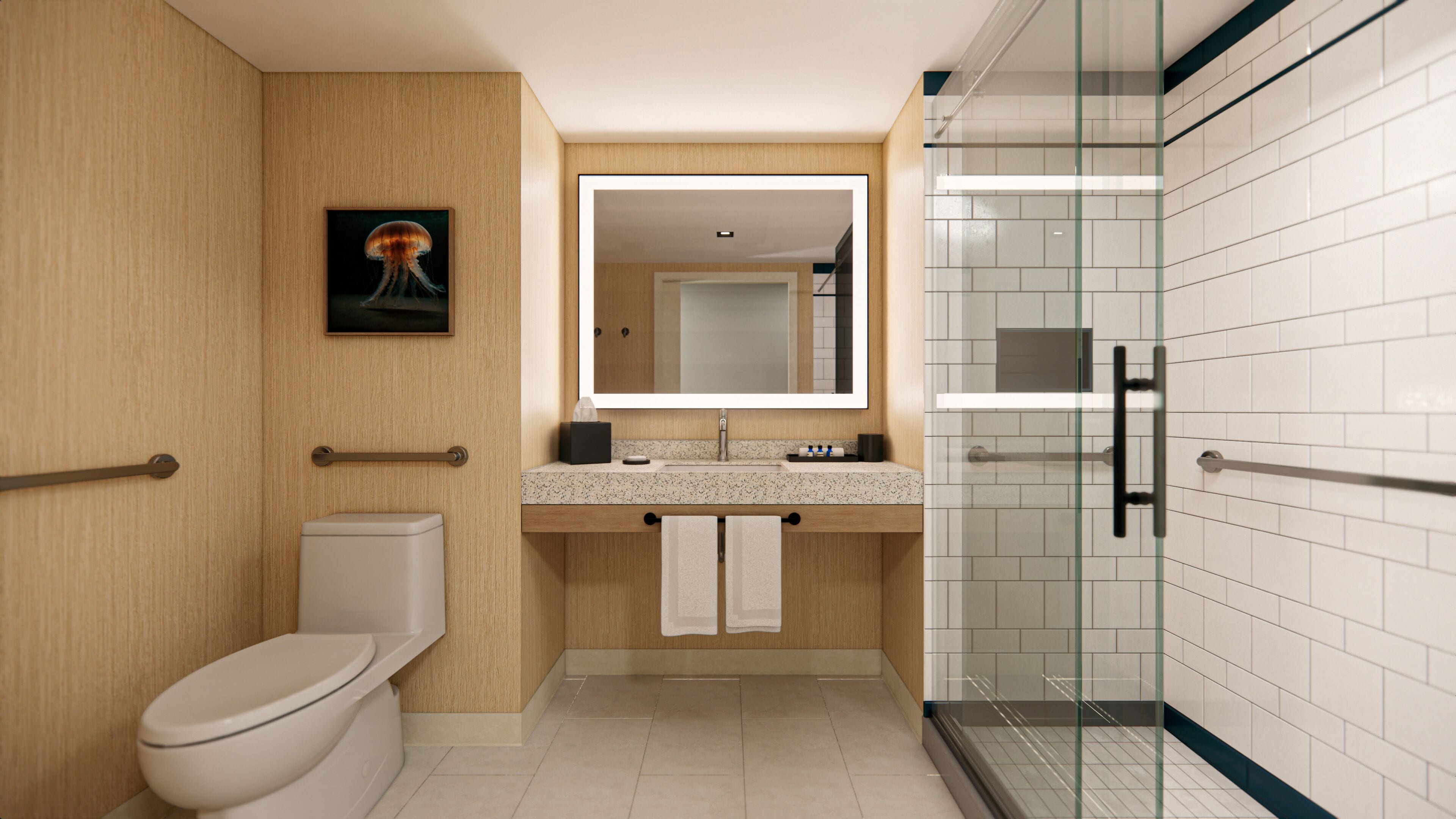 room, 1 king bed, shower grab bars | bathroom | shower, free toiletries, hair dryer, soap