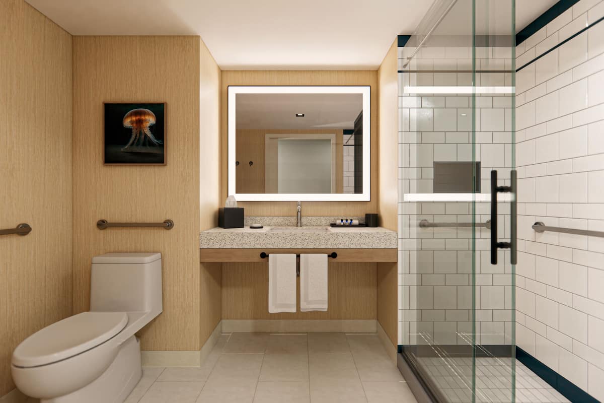 room, 1 king bed, shower grab bars | bathroom | shower, free toiletries, hair dryer, soap