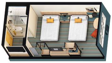 A hotel room with two beds, a desk, a chair, a small table, a sofa, a bathroom, and a window.