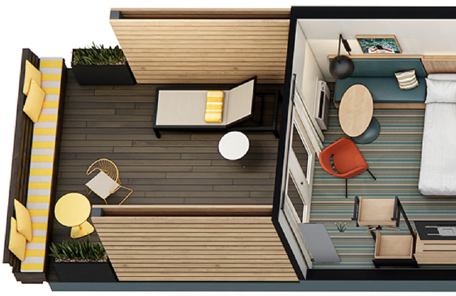 A modern outdoor living area with a wooden deck, a sofa, a dining table, and a lounge chair.
